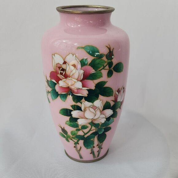 Vintage Pink Floral Cloissone Enamel Vase MCM Japan Coquette - Picture 1 of 12